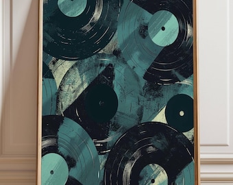 Abstract Vinyl Record Wall Art Print or Canvas, Modern Music Artwork in Teal and Deep Green, Retro Record Pattern Decor for Home, Gift