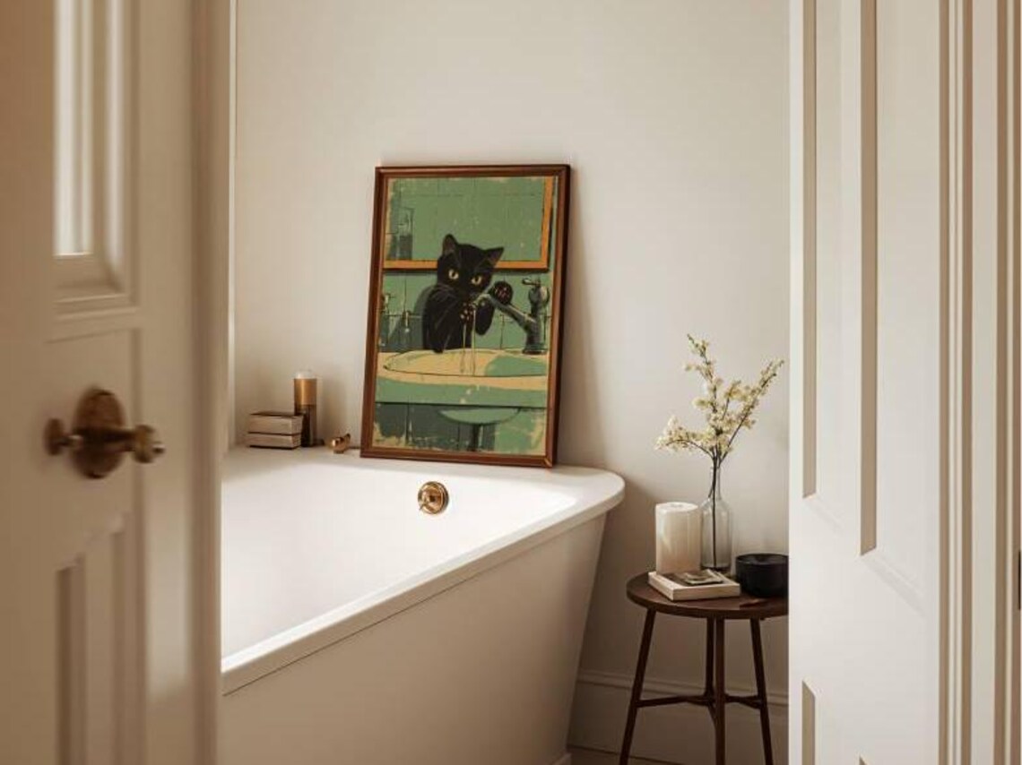 Vintage Black Cat Art Print - Retro Cat Bathroom Wall Decor - Funny Cat ...