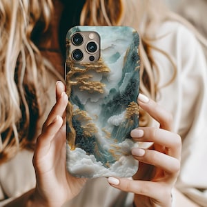 3D Luxury Gold Inlay Jade Phone Case – Elegant Chinese Landscape Art – iPhone, Samsung, Google Pixel Cover – Mystical Cloudy Mountain Design