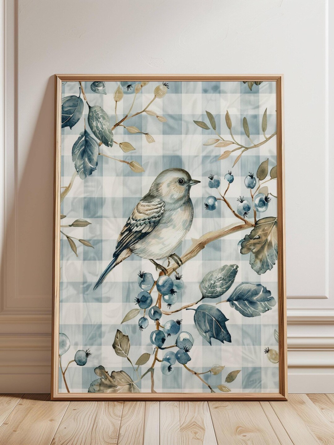 Blue Bird Watercolor Wall Art Print, Vintage Gingham Bird Illustration ...