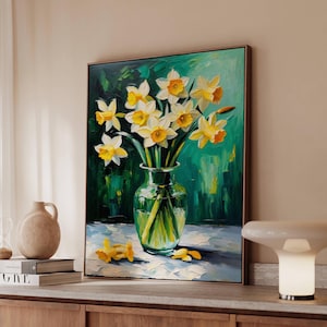 Impresión en lienzo de flor de narciso amarillo, póster floral con pinceladas atrevidas, arte mural mate de primavera, decoración de jarrón verde impresionista