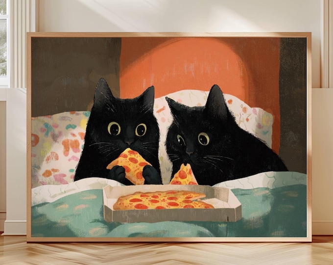 Two Black Cats Eating Pizza in Bed Whimsical Cat Illustration Wall Art Cozy Kitchen Decor Funny Pizza Night Gift Playful Animal Lovers Print