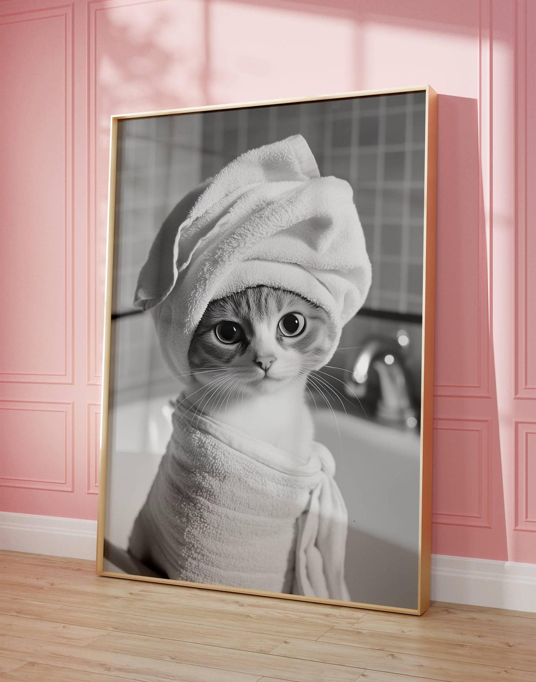 Retro Cat Bath Time Black and White Art Print - Vintage Bathroom Wall ...