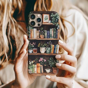 Housse de protection artistique florale pour iPhone, Google Pixel, Samsung, coque de téléphone personnalisée, bibliothèque, cadeau pour amoureux des livres, oeuvre d'art de la coque de téléphone bibliothèque
