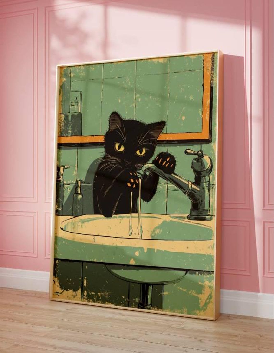 Vintage Black Cat Art Print - Retro Cat Bathroom Wall Decor - Funny Cat ...