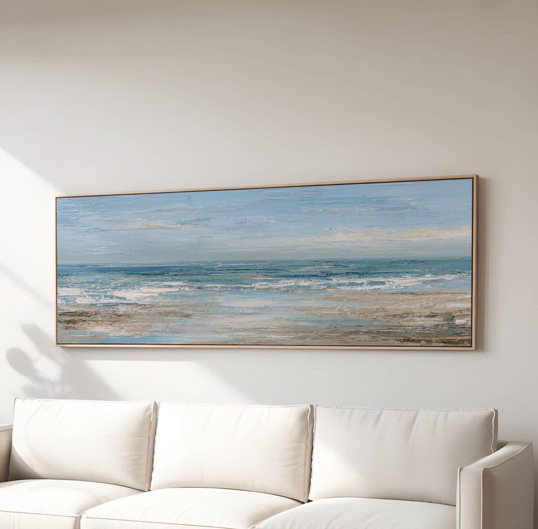 Coastal Canvas Wall Art Blue Beach Painting, Ocean Seascape, Neutral ...