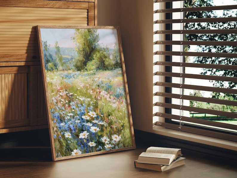 Wildflower Meadow Oil Painting Art Print – Blue White Daisy Field Wall ...