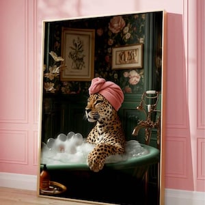 May include: A leopard wearing a pink turban relaxes in a green bathtub filled with bubbles. The leopard is in a vintage bathroom with floral wallpaper and a gold faucet.