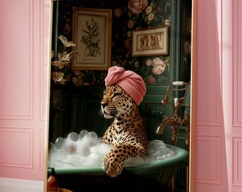 Leopard in Bubble Bath Art Print - Elegant Safari Animal Wall Decor - Quirky Maximalist Bathroom Aesthetic - Funny Bathroom Jungle Artwork