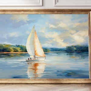 Segelboot See Kunstdruck, ruhige Wasser Malerei, friedliche Segeln Dekoration, ruhige Landschaft Wandkunst, Küsten Geschenk, Naturliebhaber Poster