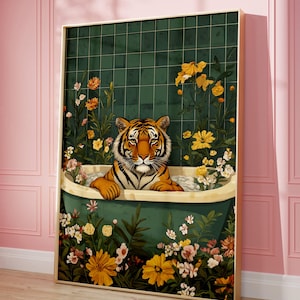 Art mural baignoire tigre - décoration de salle de bain jungle - imprimé animal safari bohème - affiche florale vert foncé - esthétique maison maximaliste fantaisiste