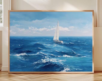 Sailboat on Ocean Waves Art Print Nautical Wall Decor Seascape Painting Maritime Sailing Poster Coastal Home Artwork Blue Sea Scenic Print