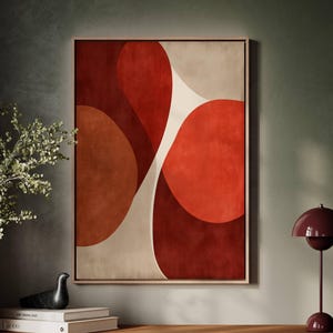 Retro Abstrakt Rote Geometrische Wandkunst - Mid Century Modern Leinwanddruck - Gewagte Form Minimalistisches Kunstwerk für Wohnzimmer oder Büro