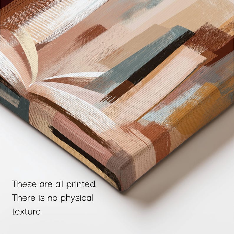 May include: Abstract art canvas print featuring brushstrokes in shades of brown, beige, blue, and black. The artwork has a textured appearance, with the text "These are all printed. There is no physical texture."