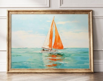 Coastal Sailboat Wall Art, Beach House Decor, Nautical Ocean Print, Blue Sea Artwork, Summer Coastal Wall Decor, Minimal Sailboat Poster