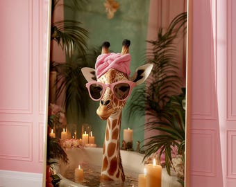May include: A giraffe wearing pink sunglasses and a pink turban is taking a bath in a white bathtub surrounded by lit candles. The giraffe is in a lush green jungle setting.