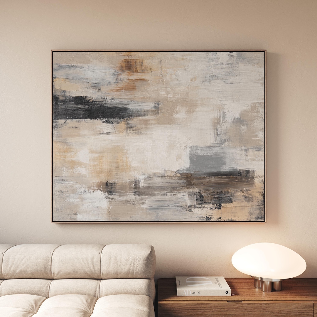 Neutral Abstract Canvas Wall Art, Modern Minimalist Beige Black ...