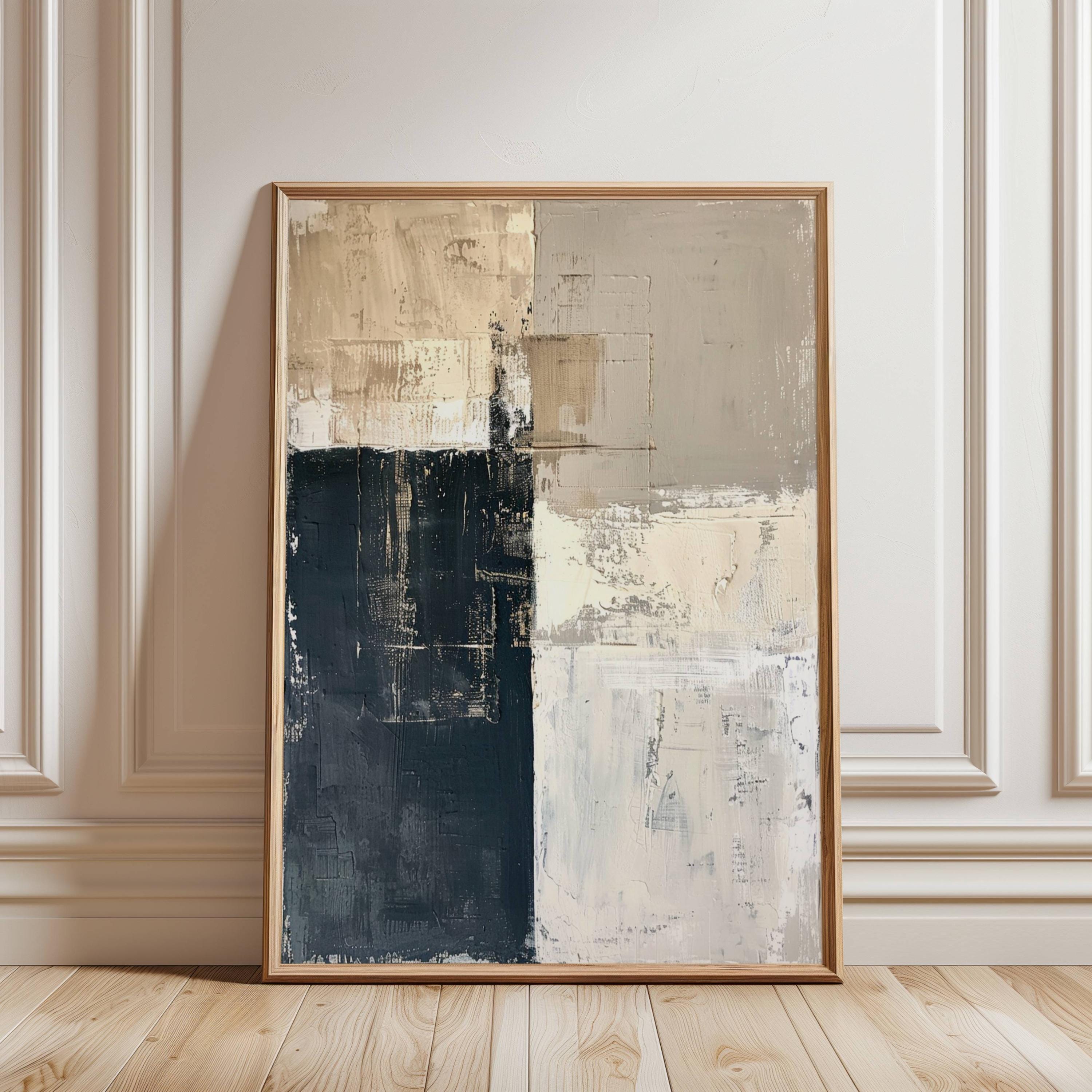 Neutral Abstract Wall Art, Black Beige Cream Printed Painting, Modern ...