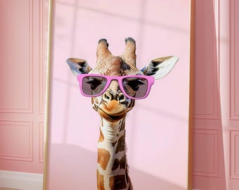 Cool Giraffe Art Print - Funny Animal Wall Decor - Quirky Pink Aesthetic Poster - Trendy Safari Artwork - Cute Giraffe Print With Sunglasses