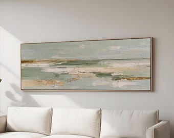 Minimalist Abstract Sage Green Landscape Canvas | Modern Neutral Painting Print Coastal Wall Art in Soft Earth Tones for Home Decor