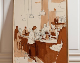 Wine Bar Interior Wall Art Hand Drawn Ink Illustration Minimalist Bistro Decor Modern Cafe Print Poster or Canvas Cozy Bar Scene