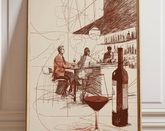 Wine Bar Scene Wall Art Hand Drawn Ink Illustration Minimalist Bistro Decor Modern Cafe Print Poster or Canvas Wine Lover Art