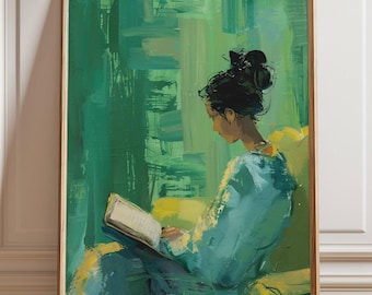 Woman Reading Wall Art, Green Painterly Illustration, Calm Book Lover Decor, Modern Figurative Artwork, Cozy Poster or Canvas Decor