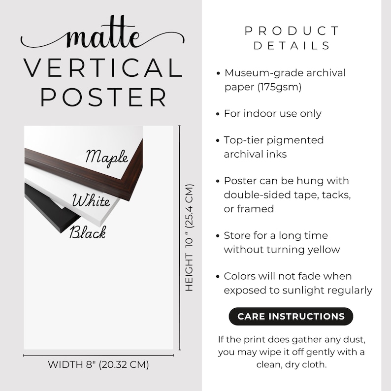 Puede incluir: Un p&oacute;ster vertical mate con fondo blanco, de 25,4 cm de alto y 20,32 cm de ancho. Muestra opciones de marco en Arce, Blanco y Negro. El texto dice "matte VERTICAL POSTER".