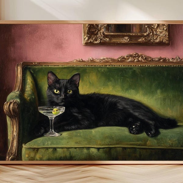 Schwarze Katze Martini Ölgemälde Druck Regal Grün Samt Sofa Kunst Barock Rosa Wand Dekor Wunderlich Cocktail Lounge Katze Kunstwerk, Vintage Geschenk