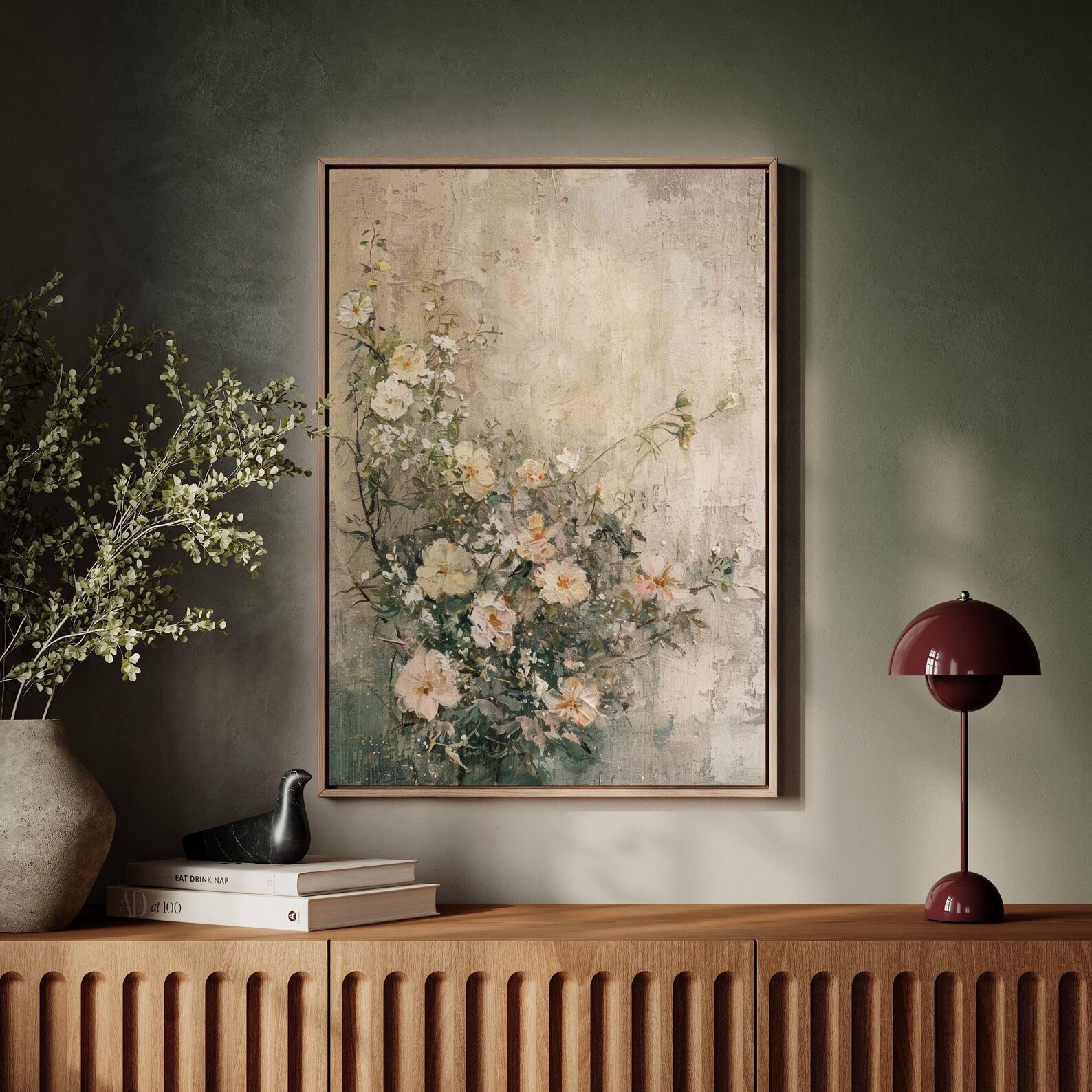 Vintage Wildflower Bouquet Art Canvas, Soft Neutral Floral Painting ...