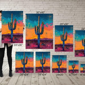 May include: A digital painting of a saguaro cactus in a desert landscape with a colorful sunset. The painting is available in various sizes, from 5 inches by 7 inches to 30 inches by 40 inches.