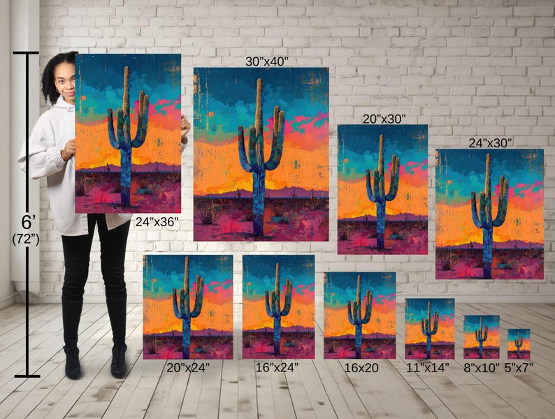 May include: A digital painting of a saguaro cactus in a desert landscape with a colorful sunset. The painting is available in various sizes, from 5 inches by 7 inches to 30 inches by 40 inches.