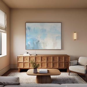 Minimal Light Blue Abstract Canvas Wall Art, Soft Brush Strokes, Modern Coastal Painting Print, Serene Neutral Living Room Decor afbeelding 4