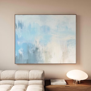 Minimal Light Blue Abstract Canvas Wall Art, Soft Brush Strokes, Modern Coastal Painting Print, Serene Neutral Living Room Decor afbeelding 1