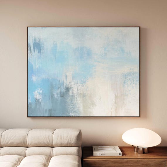 Minimal Light Blue Abstract Canvas Wall Art, Soft Brush Strokes, Modern Coastal Painting Print, Serene Neutral Living Room Decor