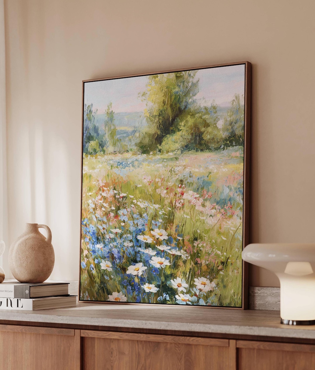 Wildflower Meadow Oil Painting Art Print – Blue White Daisy Field Wall ...