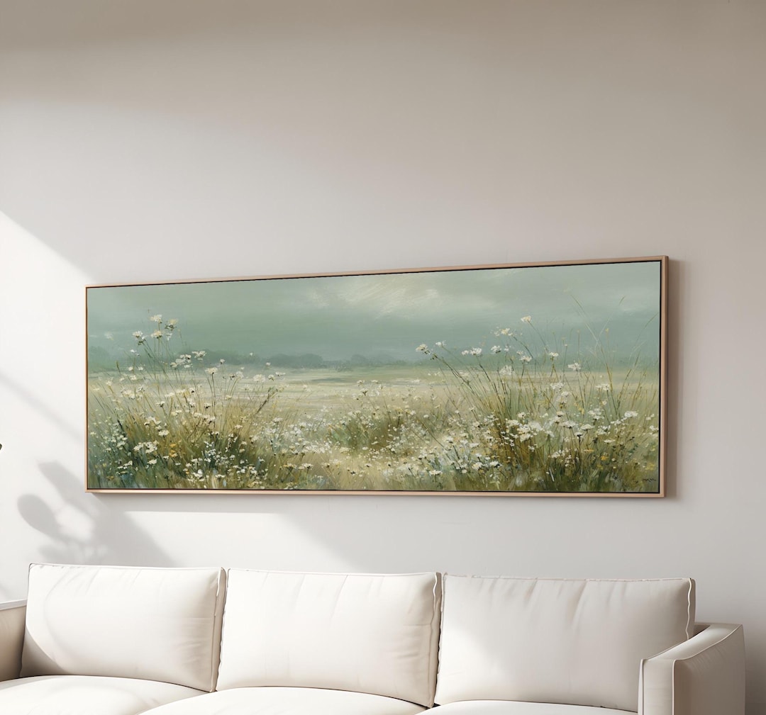 Neutral Wildflower Meadow Canvas Wall Art Green Beige Floral Landscape ...