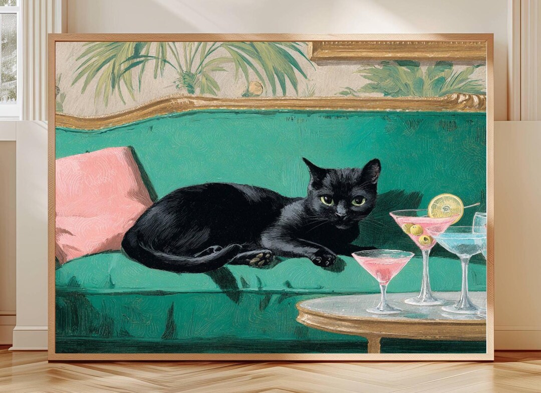 Black Cat Lounge Art Print – Vintage Emerald Sofa Painting, Martini ...