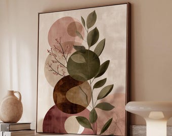 May include: Abstract art print featuring a botanical design with overlapping circles in shades of brown, pink, and green. The artwork includes a framed canvas with a neutral background and a plant-like motif.