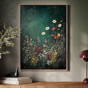 Arte em tela de flores silvestres verde-escuras - Impressão de prado floral vintage - Decoração de parede botânica rústica - Pintura da natureza - Cottagecore Home Accent