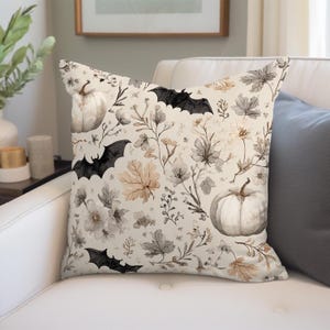Neutral Halloween Throw Pillow | Floral Bat Pumpkin Pillow Cover | Gothic Fall Decor | Spooky Elegant Autumn Cushion for Couch or Bed