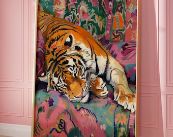 Impresión artística de tigre, decoración de pared colorida de animales de la jungla, póster de vida salvaje de safari bohemio, pintura de gran felino abstracta vibrante, regalo para ella