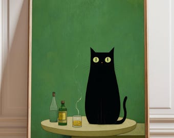 May include: A framed art print featuring a black cat with yellow eyes, sitting on a table. Two bottles and a glass of amber liquid are on the table. The background is a solid green color.