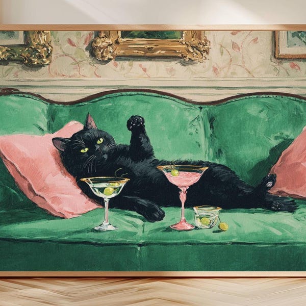Lámina artística de cóctel de gato negro: cuadro vintage de salón sobre sofá verde esmeralda, decoración retro de pared para bar o casa con martini, regalo original para amantes de los gatos.