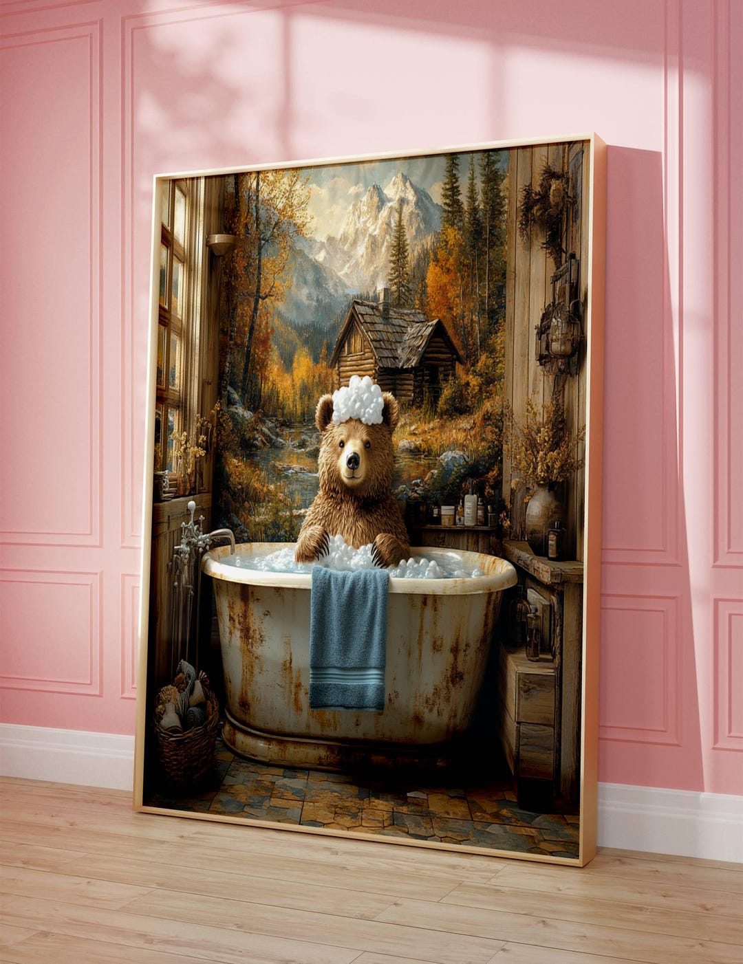 Rustic Bear Bathroom Art - Cozy Cabin Wall Decor - Cute Woodland Animal ...