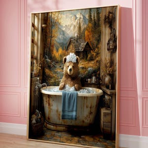 May include: A brown bear wearing a white bathrobe sits in a rusty bathtub filled with bubbles. The bear is in a rustic bathroom with a wooden floor and a window overlooking a mountain scene.