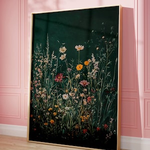 Vintage Wildflower Art Print - Dark Green Floral Wall Decor - Cottagecore Botanical Painting - Rustic Nature Aesthetic Home Decor Wall Art