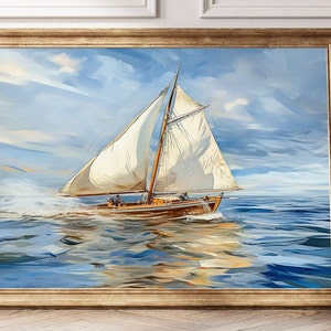 Vintage Sailing Yacht Art Print, Nautical Ocean Sailboat Painting, Coastal Wall Decor, Classic Marine Art, Seascape Gift, Sailing Ship Art