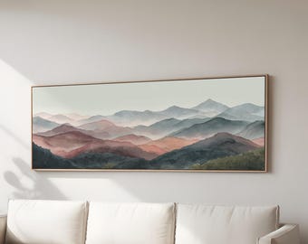 Watercolor Mountain Range Wall Art, Misty Landscape Painting, Layered Hills Sunset Print, Boho Rustic Home Decor, Nature Panorama Artwork