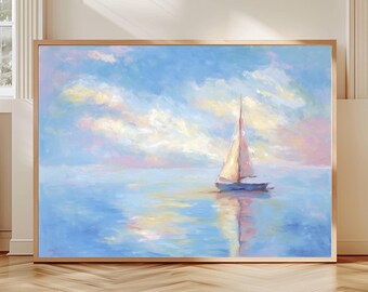 Pastel Sailboat Seascape Art Print Impressionist Nautical Wall Decor Ocean Painting Coastal Home Artwork Serene Maritime Poster Soft Colors